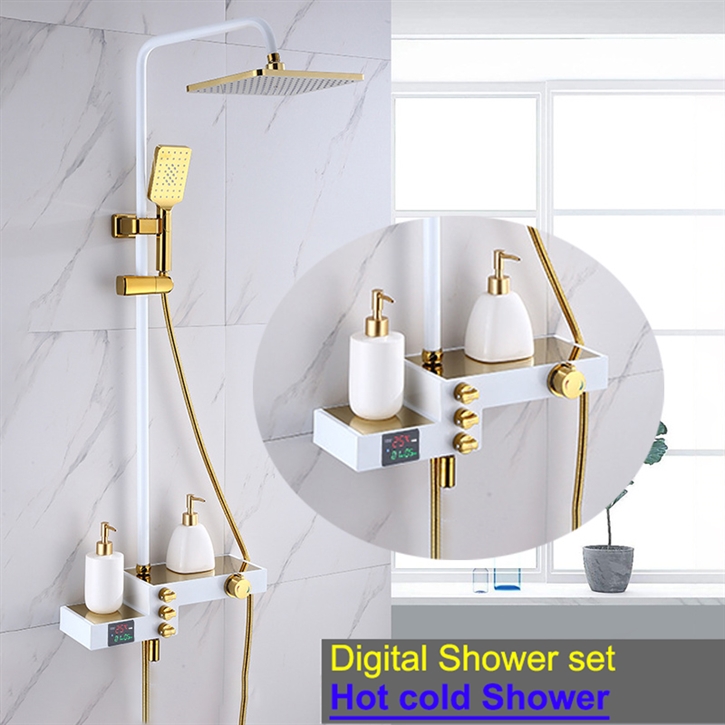 Fontana Mori Grandeur Champagne Finish Wall Mounted 12 Inch Shower Set With Multiple Storage Bar