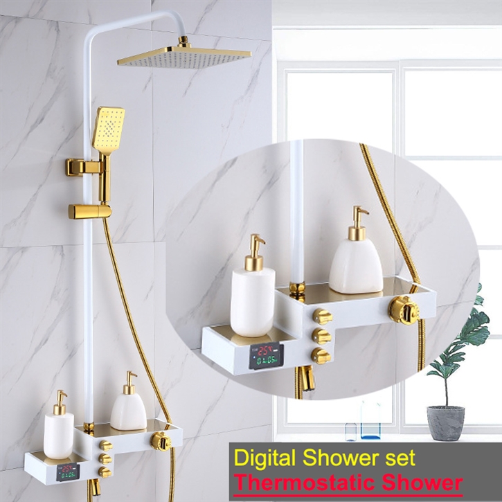Fontana Mori Opulence Gold Finish Wall Mounted 12 Inch Shower Set With Multiple Storage Bar