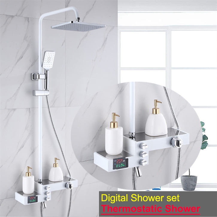 Fontana Mori Luxury Matte White Finish Wall Mounted 12 Inch Shower Set With Multiple Storage Bar