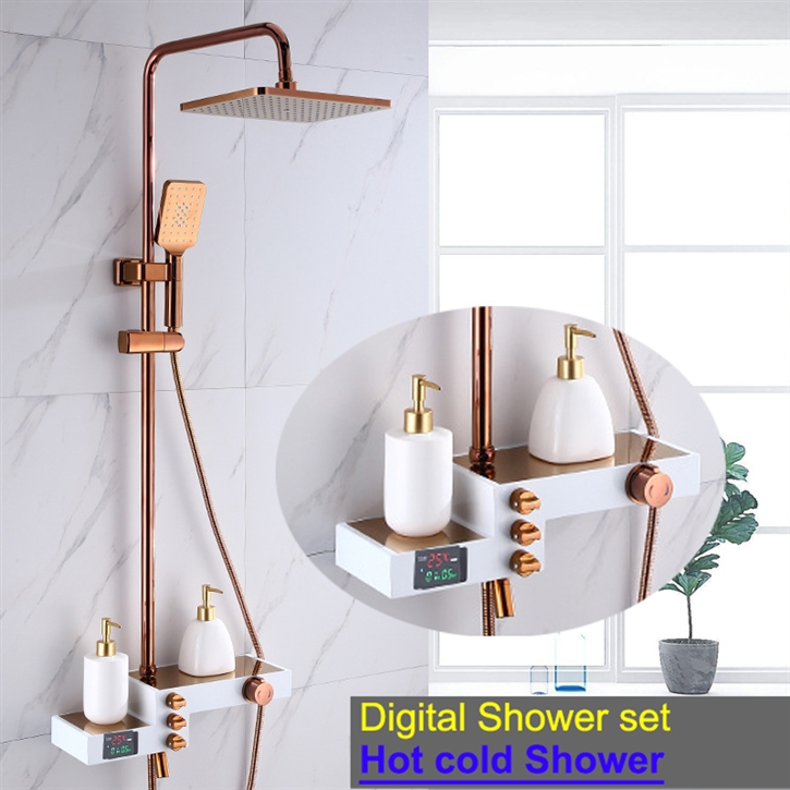 Fontana Mori Affluence Rose Gold Finish Wall Mounted 12 Inch Shower Set With Multiple Storage Bar
