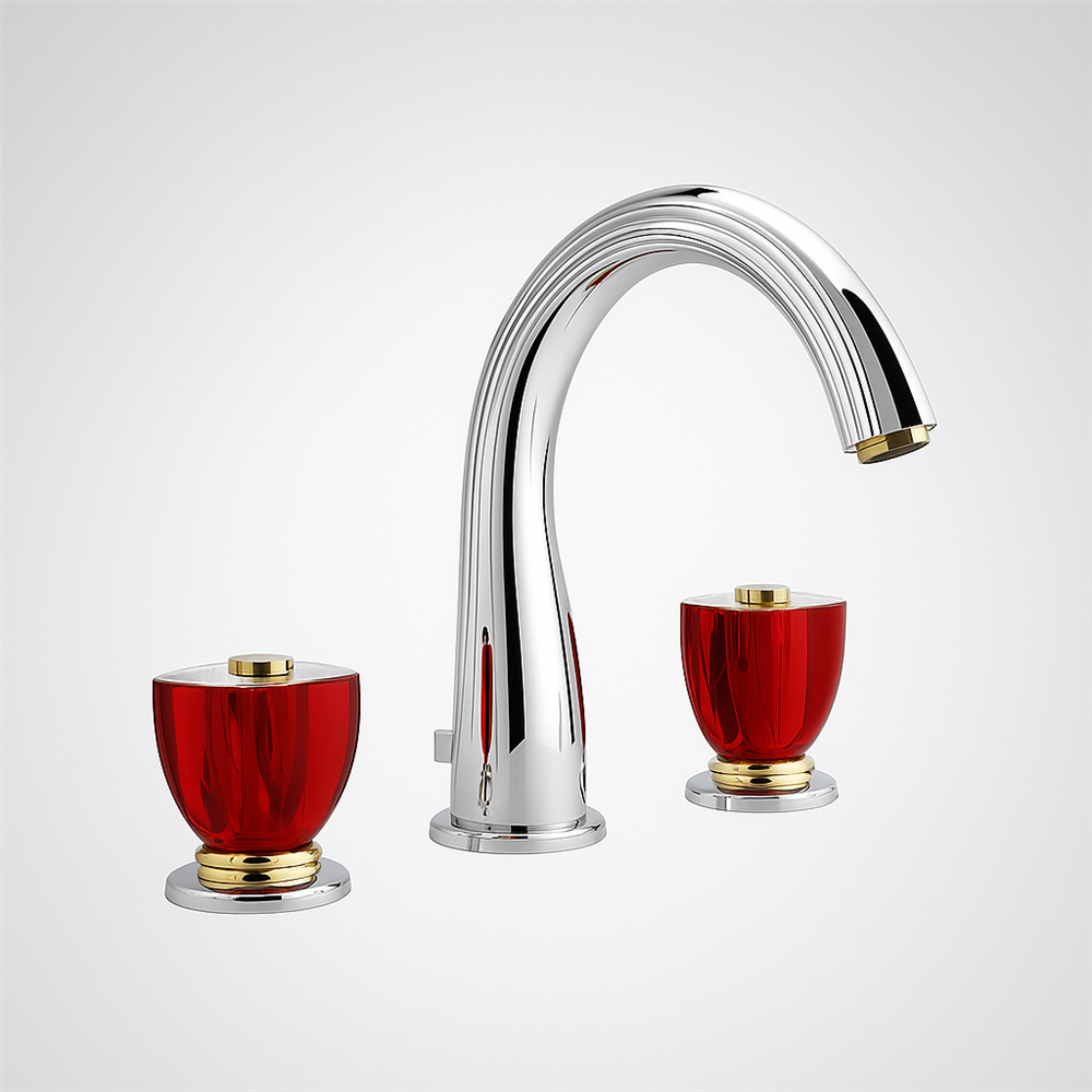 Fontana Cascia Classic Deck Mounted Chrome Finish Bathroom Sink Faucet with Dual Red Crystal Knob