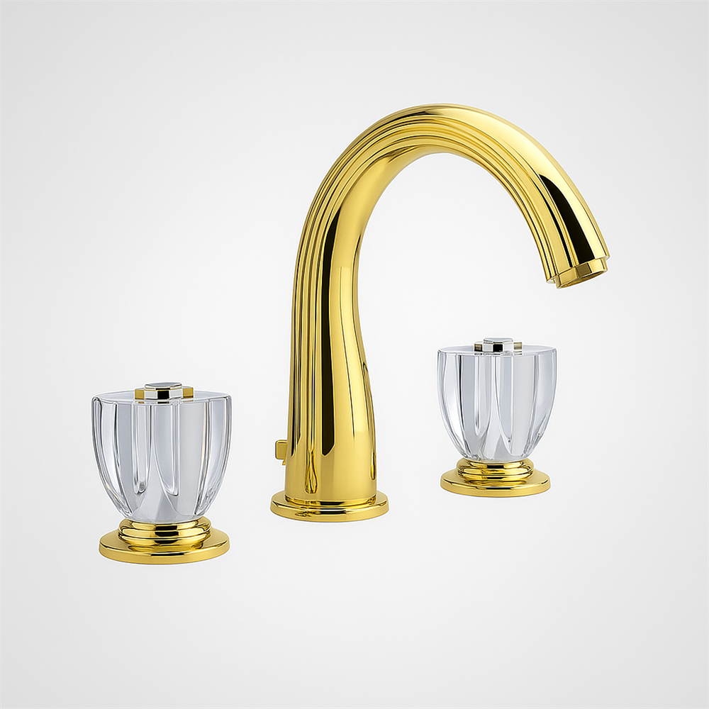 Fontana Cascia Luxury Deck Mounted Gold Finish Bathroom Sink Faucet with Dual Clear Crystal Knob