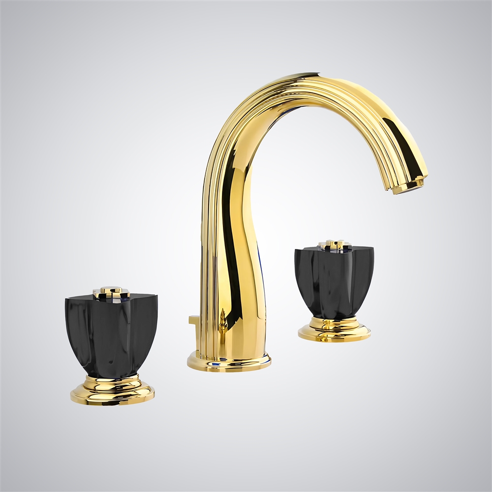 Fontana Cascia Coeval Deck Mounted Gold Finish Bathroom Sink Faucet with Dual Black Crystal Knob