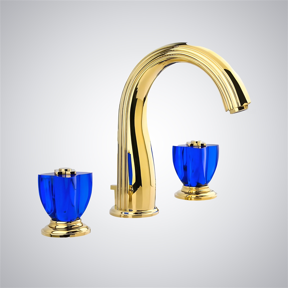 Fontana Cascia Asthetic Deck Mounted Gold Finish Bathroom Sink Faucet with Dual Blue Crystal Knob