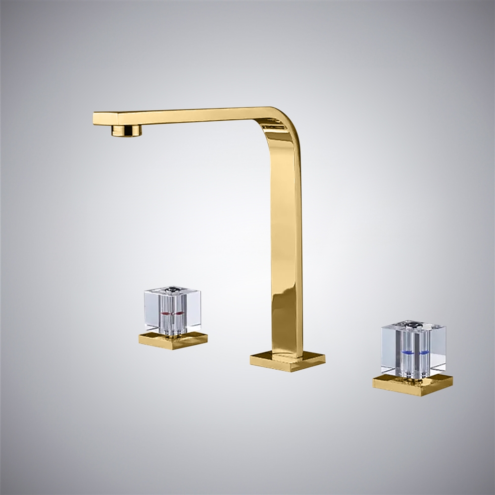 Fontana Bard Modern Deck Mounted Bathroom Sink Faucet with Dual Clear Crystal Knob in Brushed Gold Finish