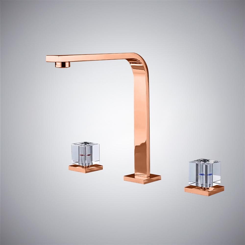 Fontana Bard Regal Deck Mounted Bathroom Sink Faucet with Dual Clear Crystal Knob in Rose Gold Finish