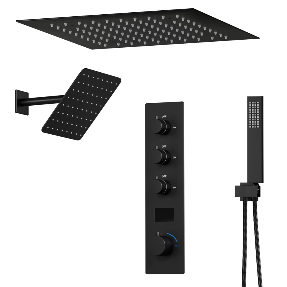 Fontana Sanremo Matte Black Finish Thermostatic LED Shower Set with Digital Temperature