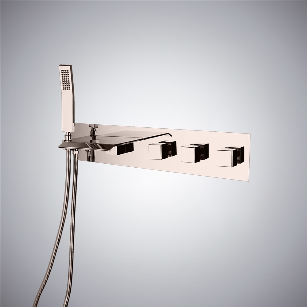 Fontana Gubbio Modern Waterfall Wall Mounted Brushed Nickel Finish Cascading Bathtub Faucet With Rain Handshower