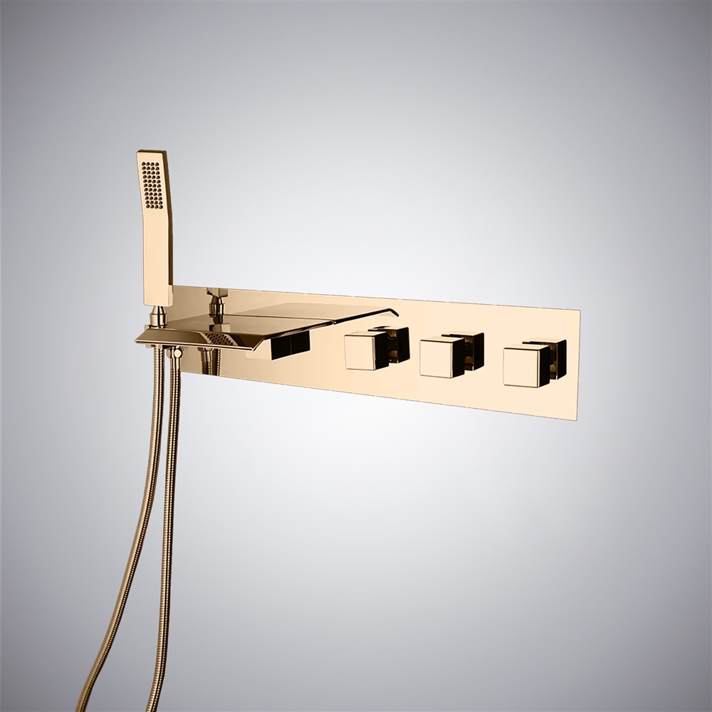 Fontana Gubbio Modern Champagne Finish Waterfall Wall Mounted Cascading Bathtub Faucet With Rain Handshower