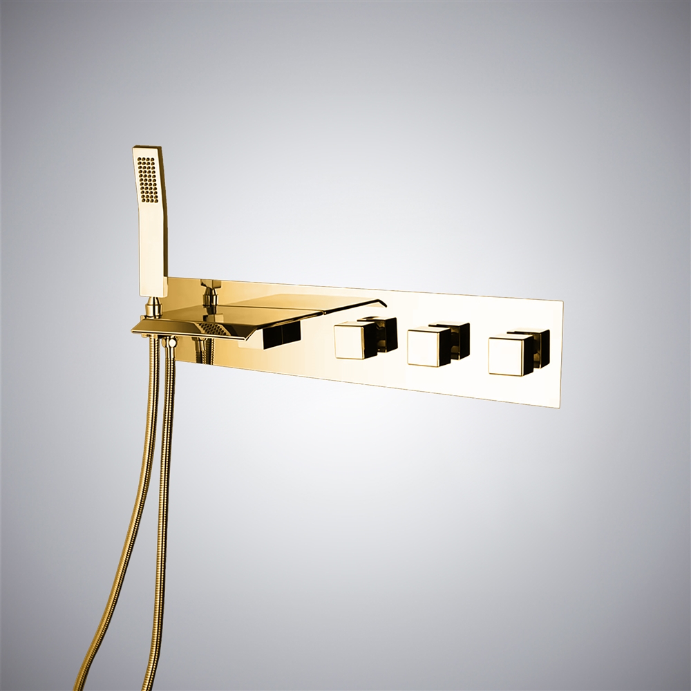 Fontana Gubbio Sleek Waterfall Wall Mounted Cascading Bathtub Faucet With Rain Handshower in Gold Finish