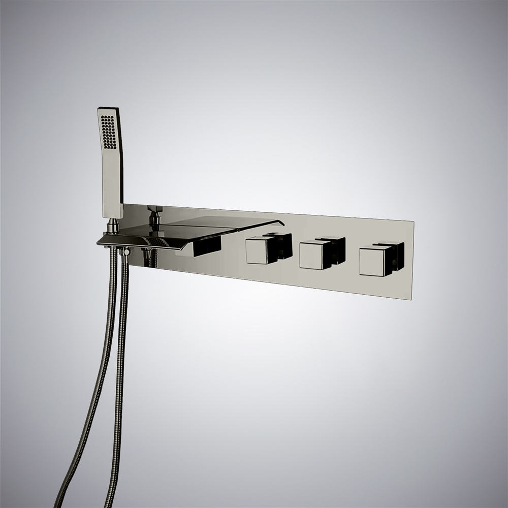 Fontana Gubbio Waterfall Wall Mounted Cascading Bathtub Faucet With Rain Handshower in Gun Metal Gray Finish