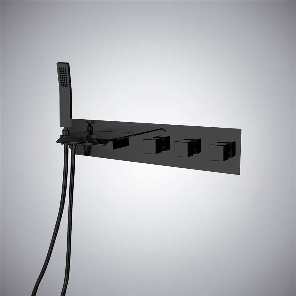 Fontana Gubbio Sleek Matte Black Finish Waterfall Wall Mounted Cascading Bathtub Faucet With Rain Handshower
