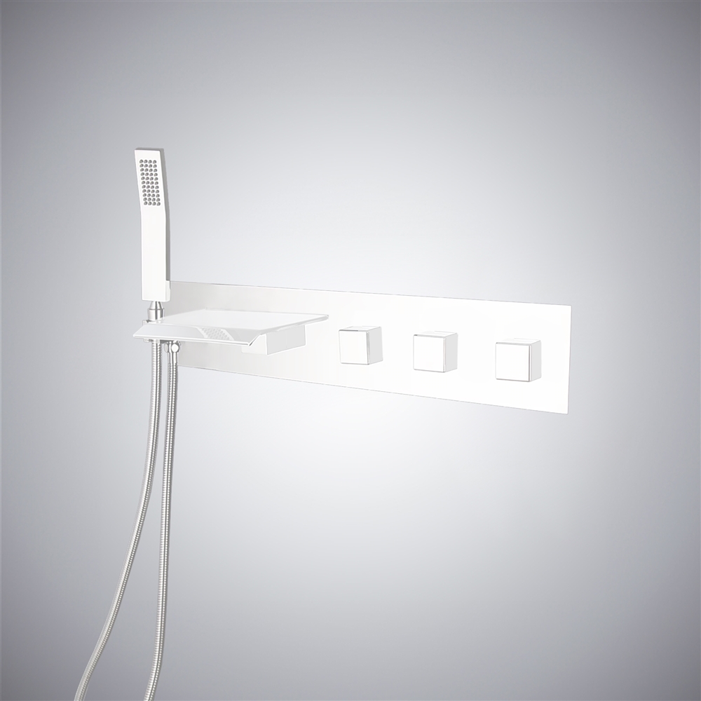 Fontana Gubbio Minimilistic Matte White Finish Waterfall Wall Mounted Cascading Bathtub Faucet With Rain Handshower