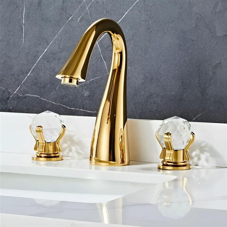 Bathroom Widespread Lavatory Gold Sink Faucet With Crystal Handles