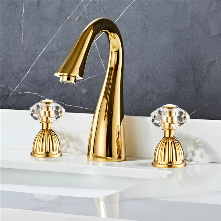 Bathroom Widespread Lavatory Gold Sink Faucet With Crystal Handles