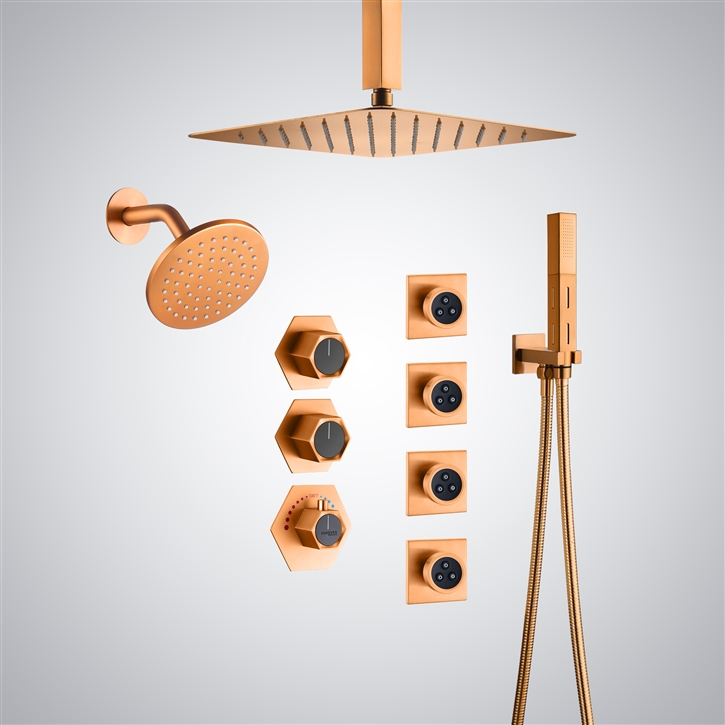 Fontana Pietra Rose Gold Thermostatic LED Rainfall Shower Set