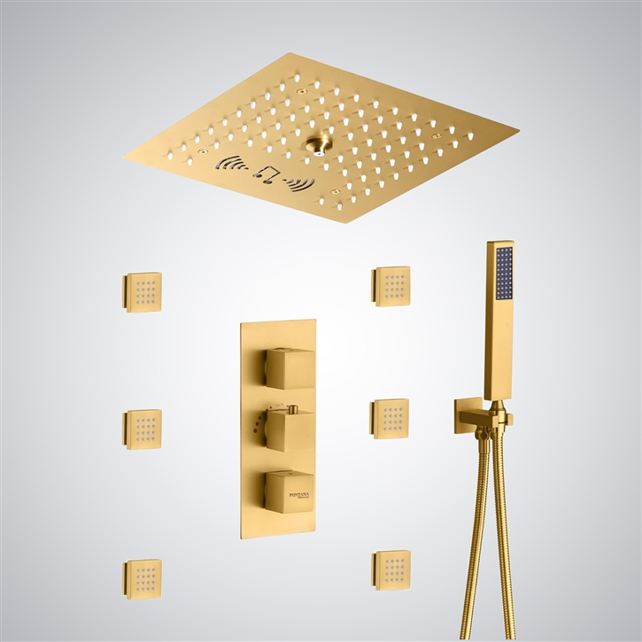 Fontana Brisa Brushed Gold Ceiling-Mounted LED & Music Shower Set