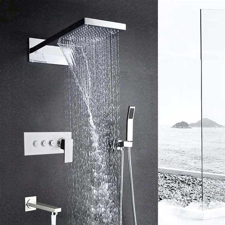 Fontana Reno Wall Mount Waterfall Rainfall Chrome Finish Shower Set with Three Function Mixer