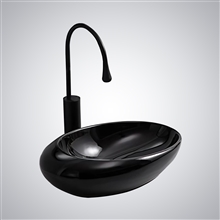 Fontana Lunel Glossy Black Marble Bathroom Vessel Sink and Touchless Motion Sensor Faucet