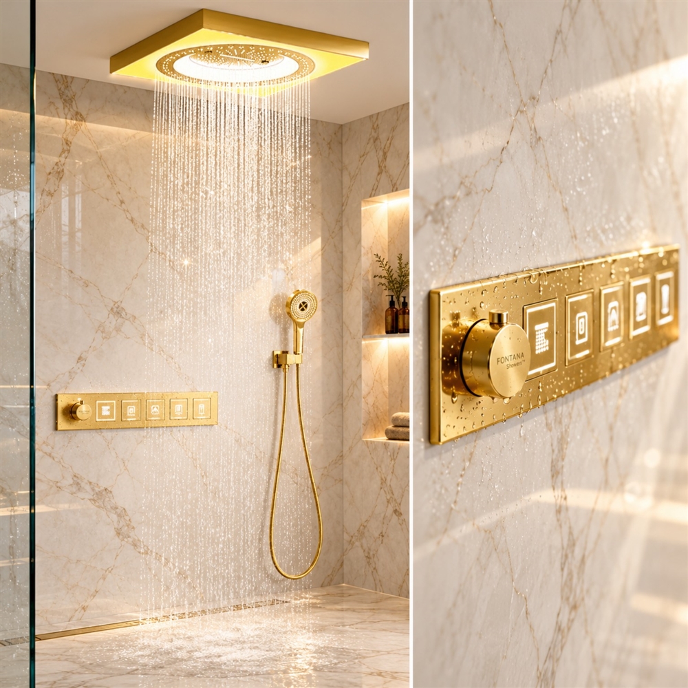 Fontana Velmora Gold Ceiling Mounted Music LED Button Control Smart Shower Set