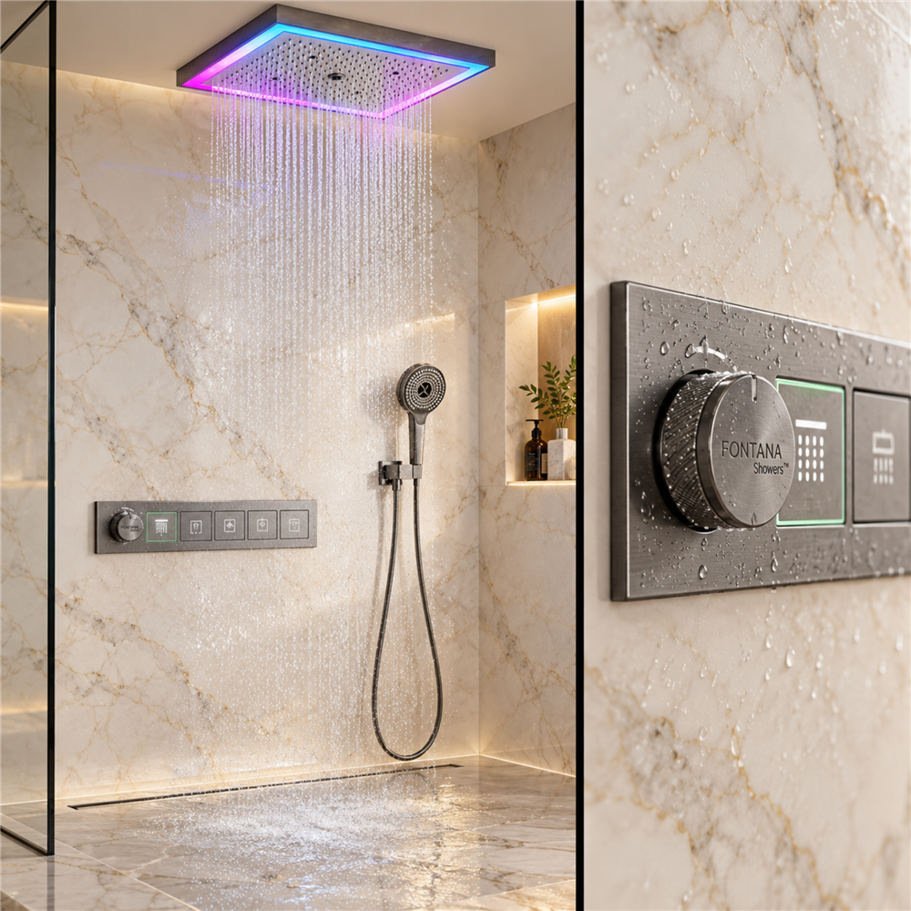 Fontana Velaro Gun Grey Ceiling Mounted LED Button Control Smart Shower Set