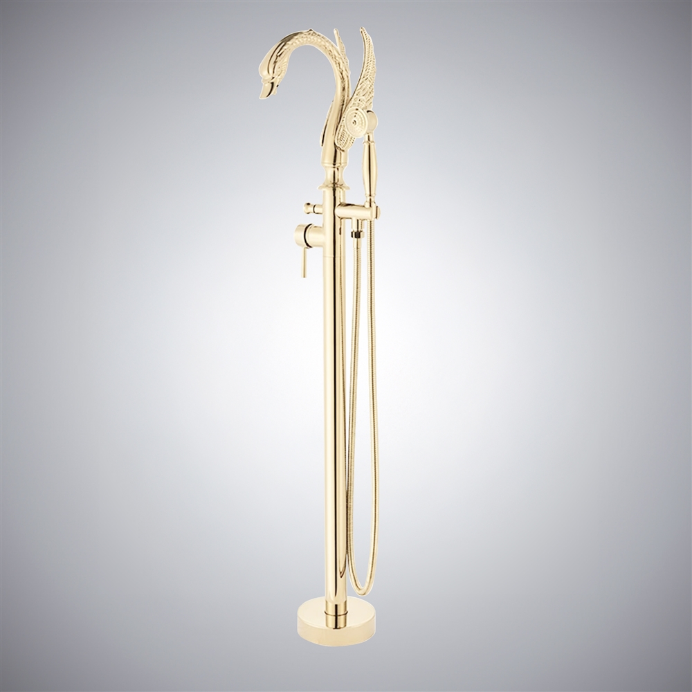 Fontana Laxe Champagne Freestanding Swan Shape Bathtub Faucet with Hand Shower