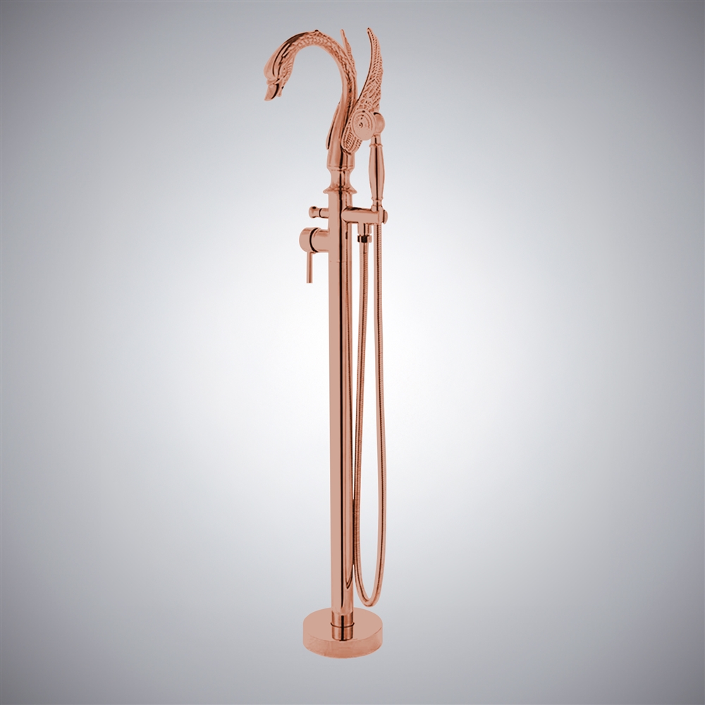 Fontana Laxe Rose Gold Freestanding Swan Shape Bathtub Faucet Single Handle With Handshower