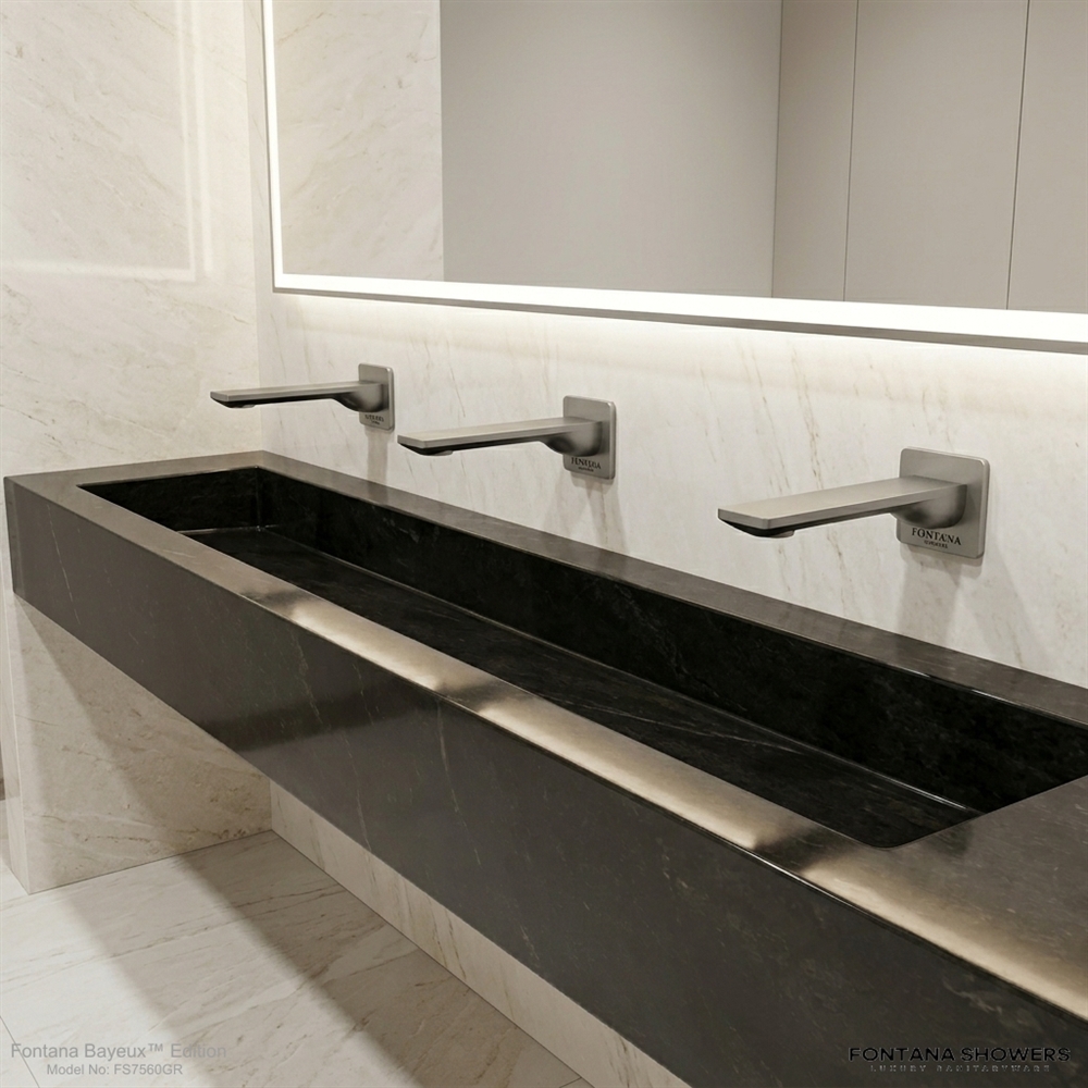 Fontana HydroVibe brushed nickel wall-mounted touchless faucet and soap dispenser pair