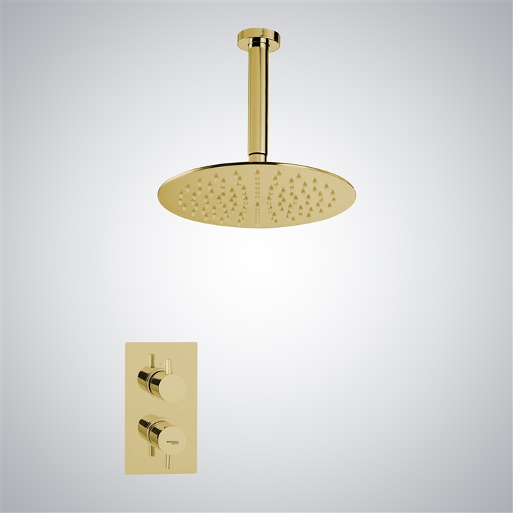 Fontana Brushed Gold Round Waterfall Shower Head With Thermostatic Valve Shower Mixer