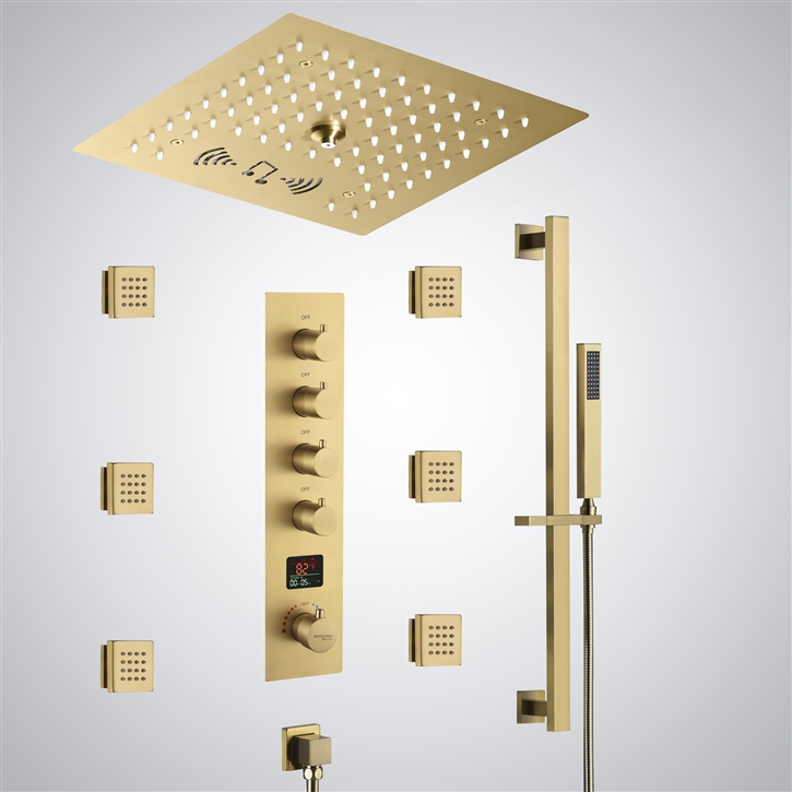 Fontana Glanz Brushed Gold LED Thermostatic Digital Shower Set with Music