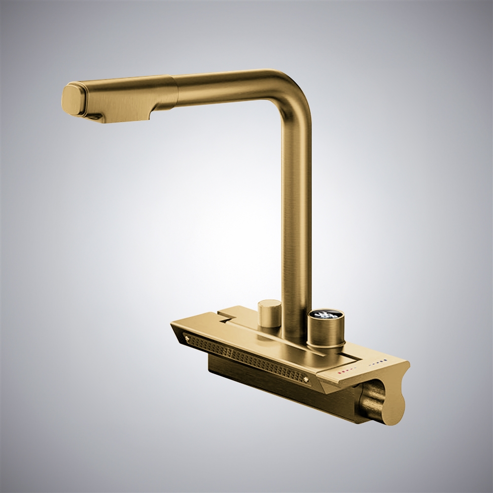 Fontana Carate Brushed Gold Pull Out Luxury Kitchen Faucet With Temperature Digital Display