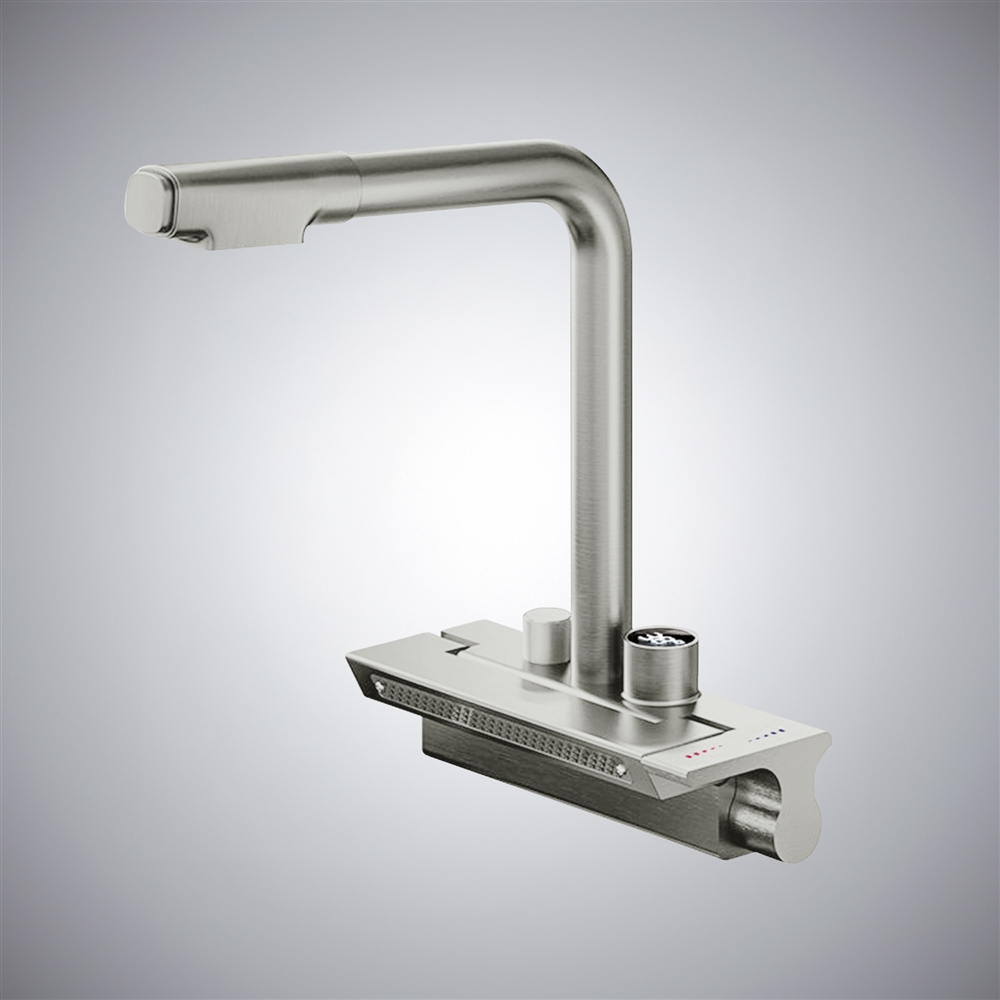 Fontana Carate Brushed Nickel Pull Out Kitchen Faucet With Temperature Digital Display
