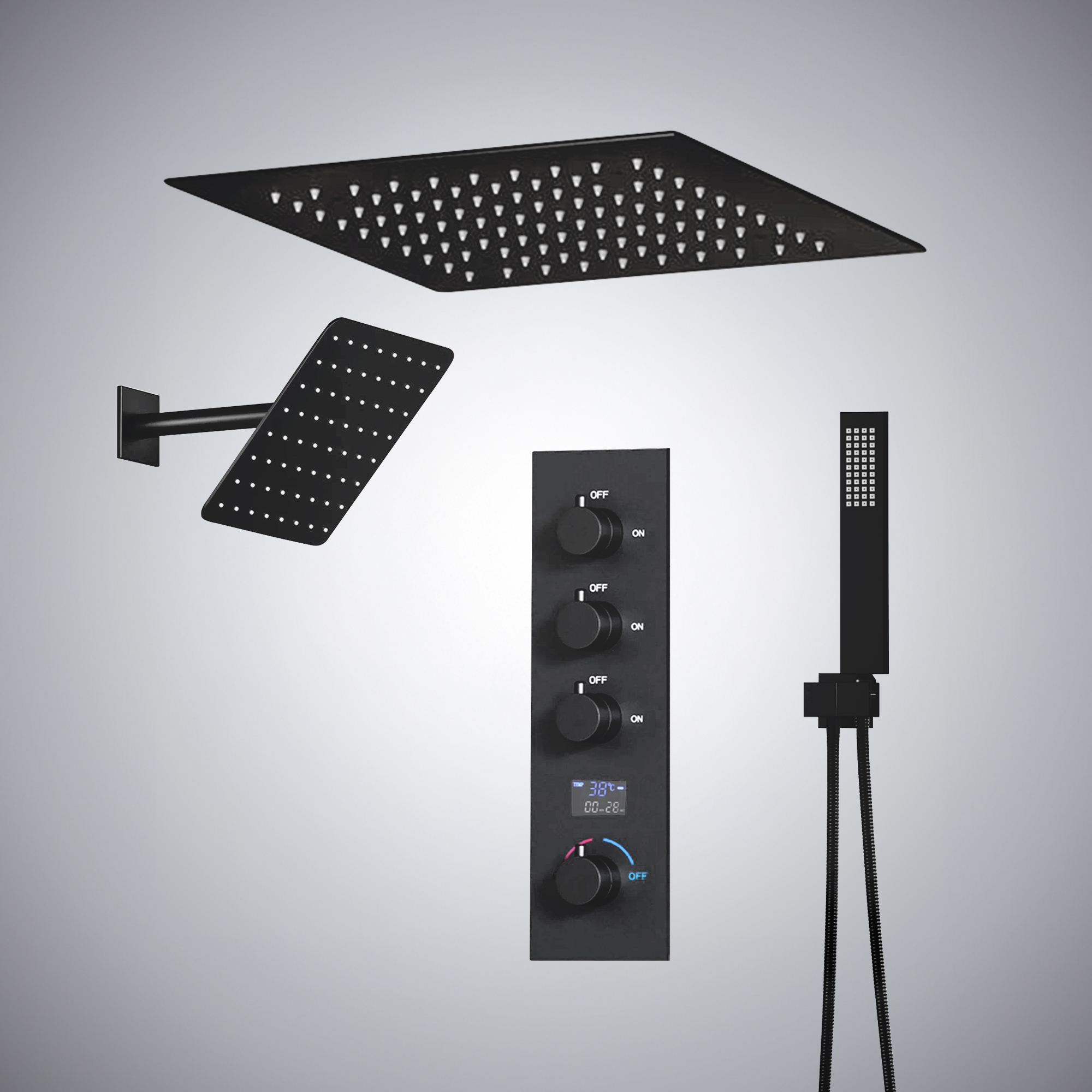 Fontana Moniga matte black thermostatic luxury shower set with modern rainfall showerhead