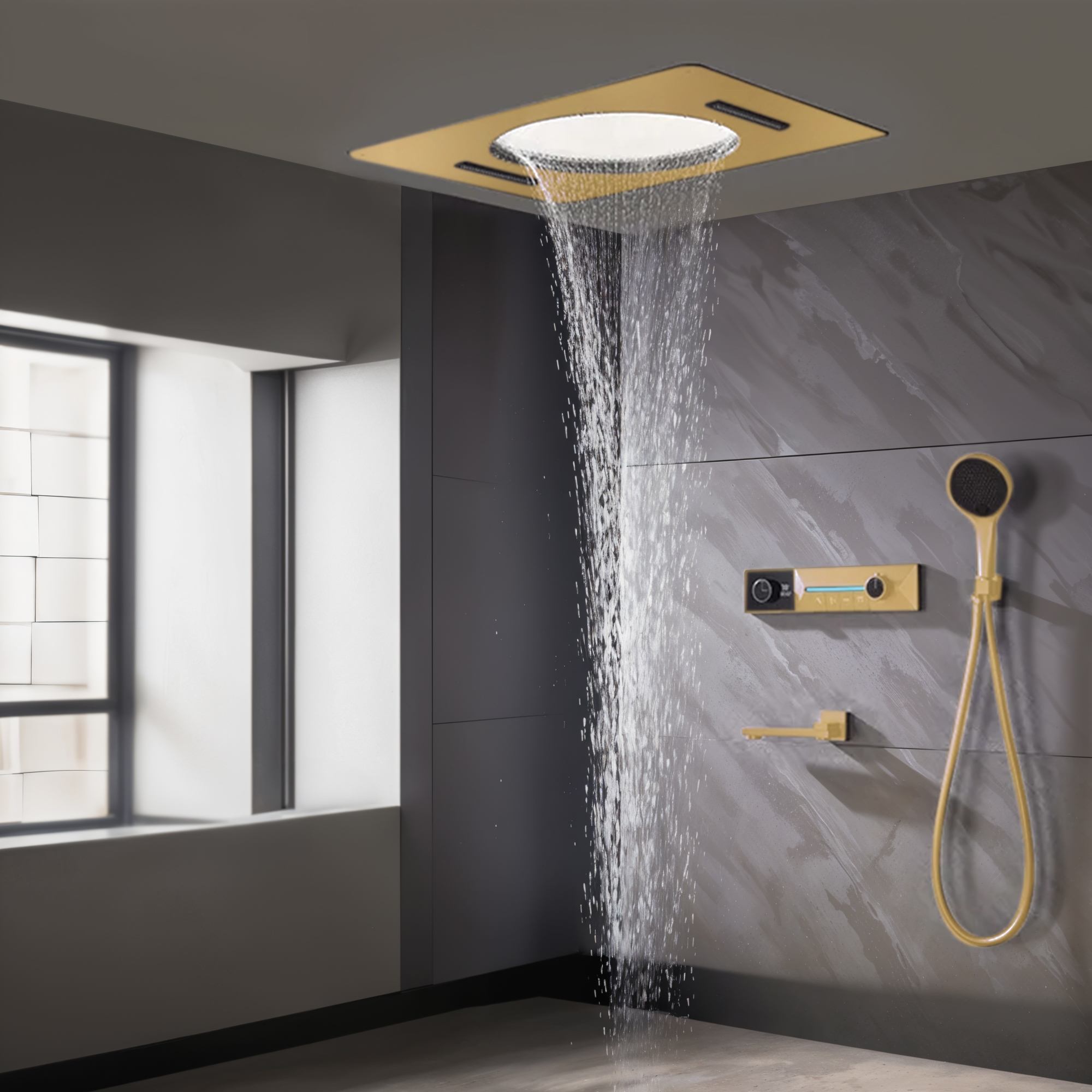 Fontana Pombia brushed gold thermostatic display luxury shower set and rainfall showerhead