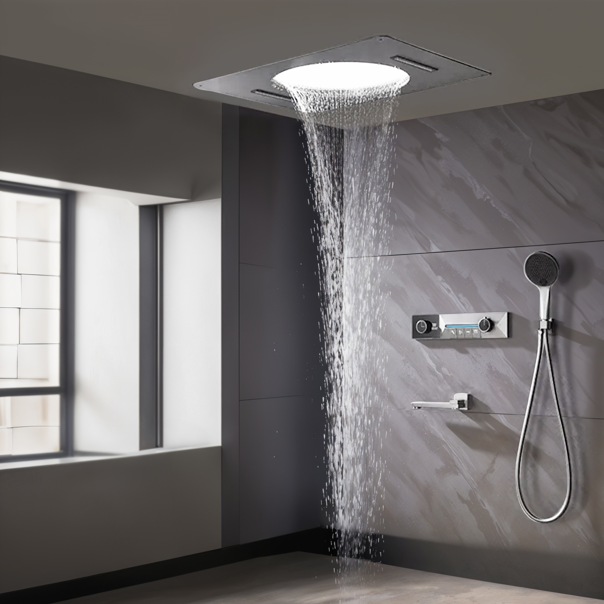 Fontana Pombia chrome thermostatic display luxury shower set with premium rainfall showerhead