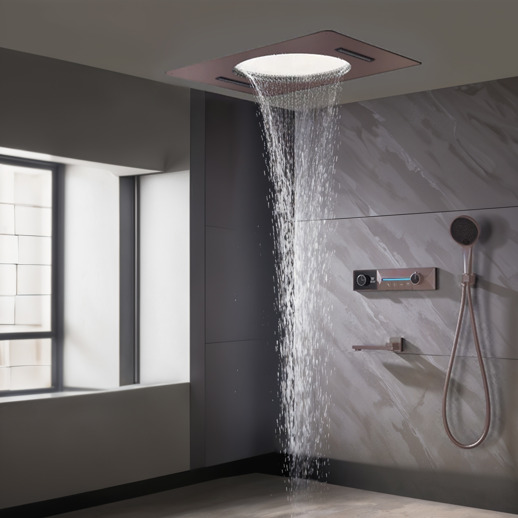 Fontana Pombia oil rubbed bronze thermostatic display luxury shower system with rainfall showerhead