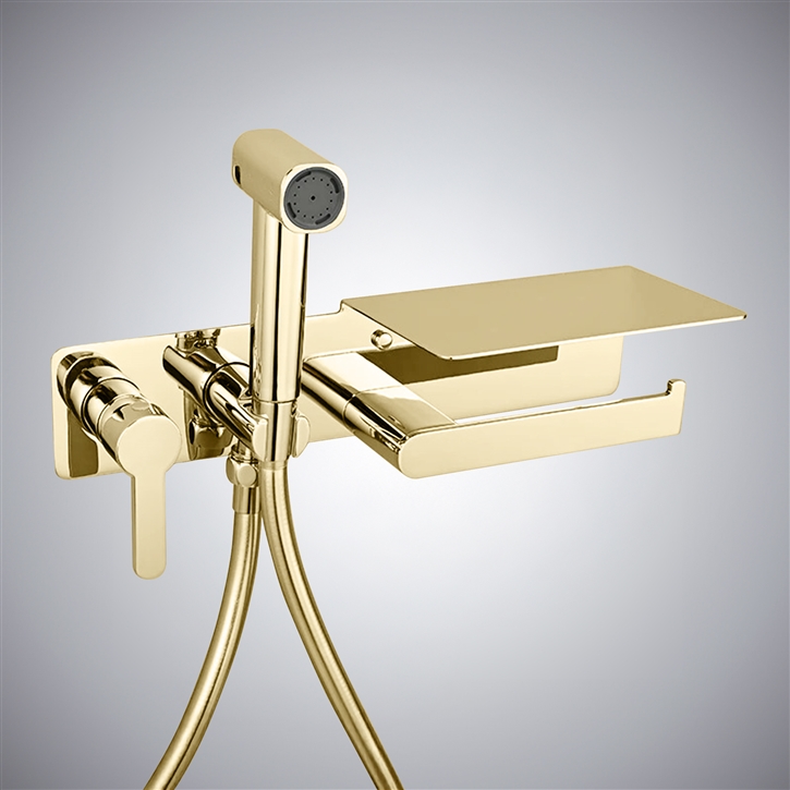 Fontana Acate Brushed Gold Wall Mounted Sprayer Bidet Set With Paper Holder Rack