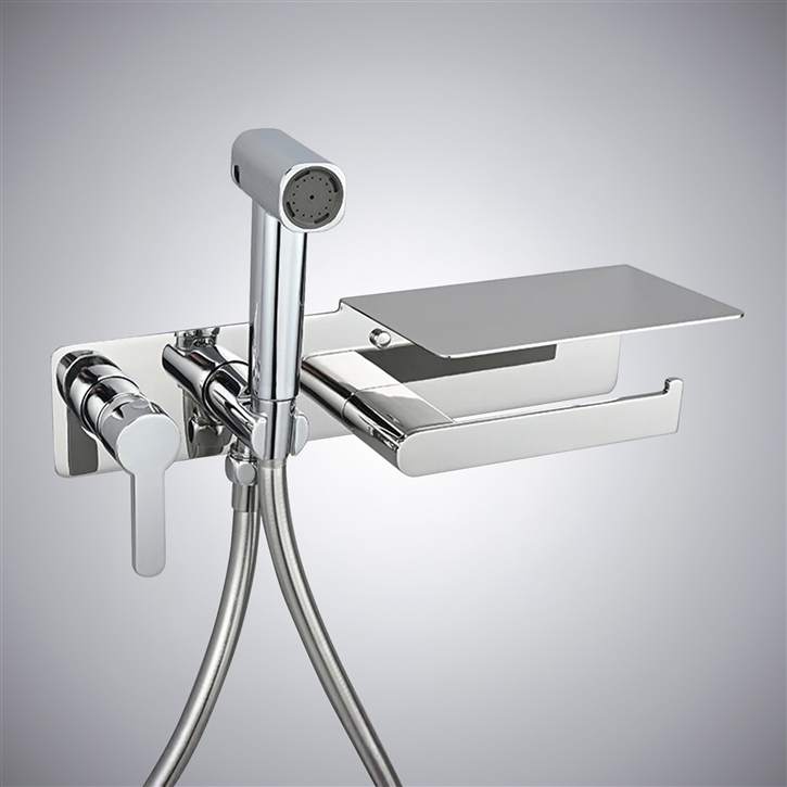 Fontana Acate Chrome Sprayer Bidet Faucet & Paper Holder Rack | Wall Mount