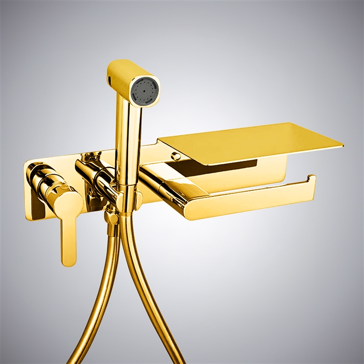 Fontana Acate Gold Toilet Sprayer Bidet Set With Paper Holder Rack