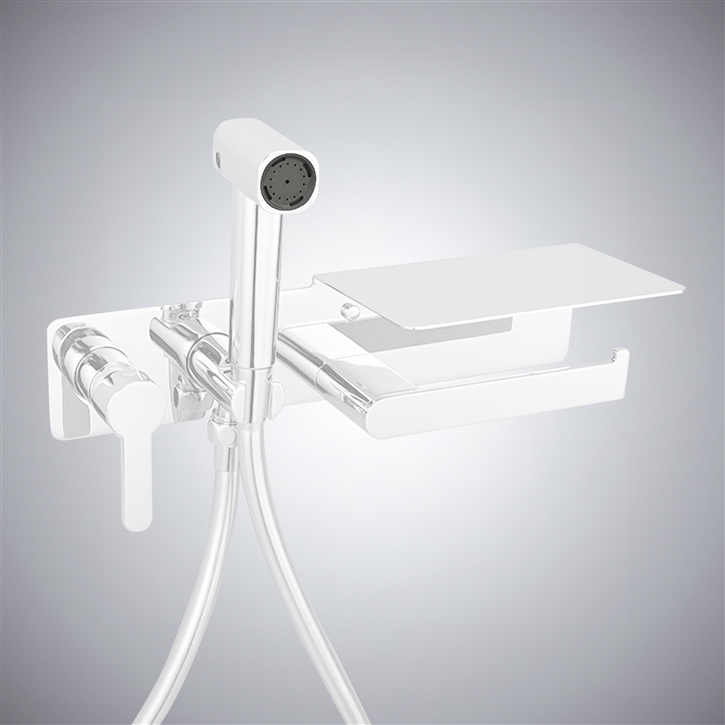 Fontana Acate Matte White Hot And Cold Sprayer Bidet Set With Paper Holder Rack