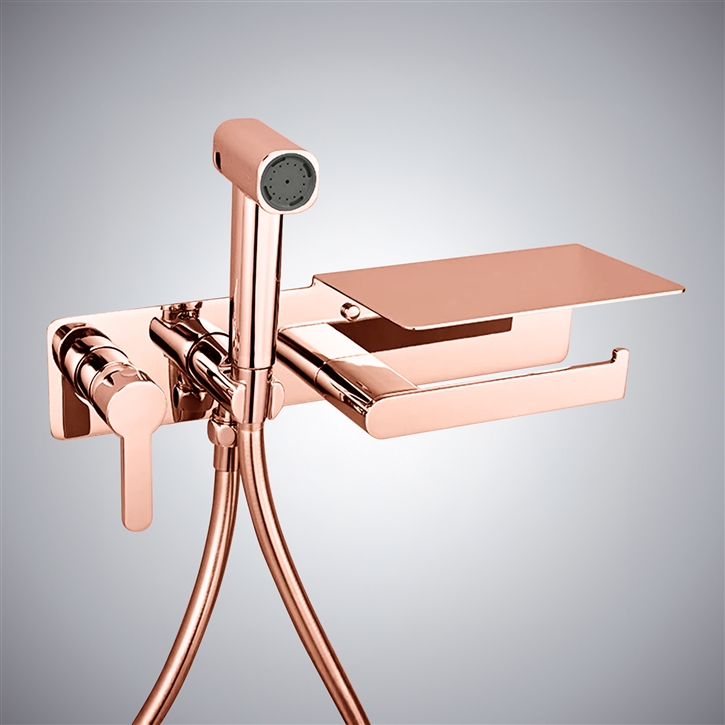 Fontana Acate Rose Gold Toilet Sprayer Bidet Set With Paper Holder Rack