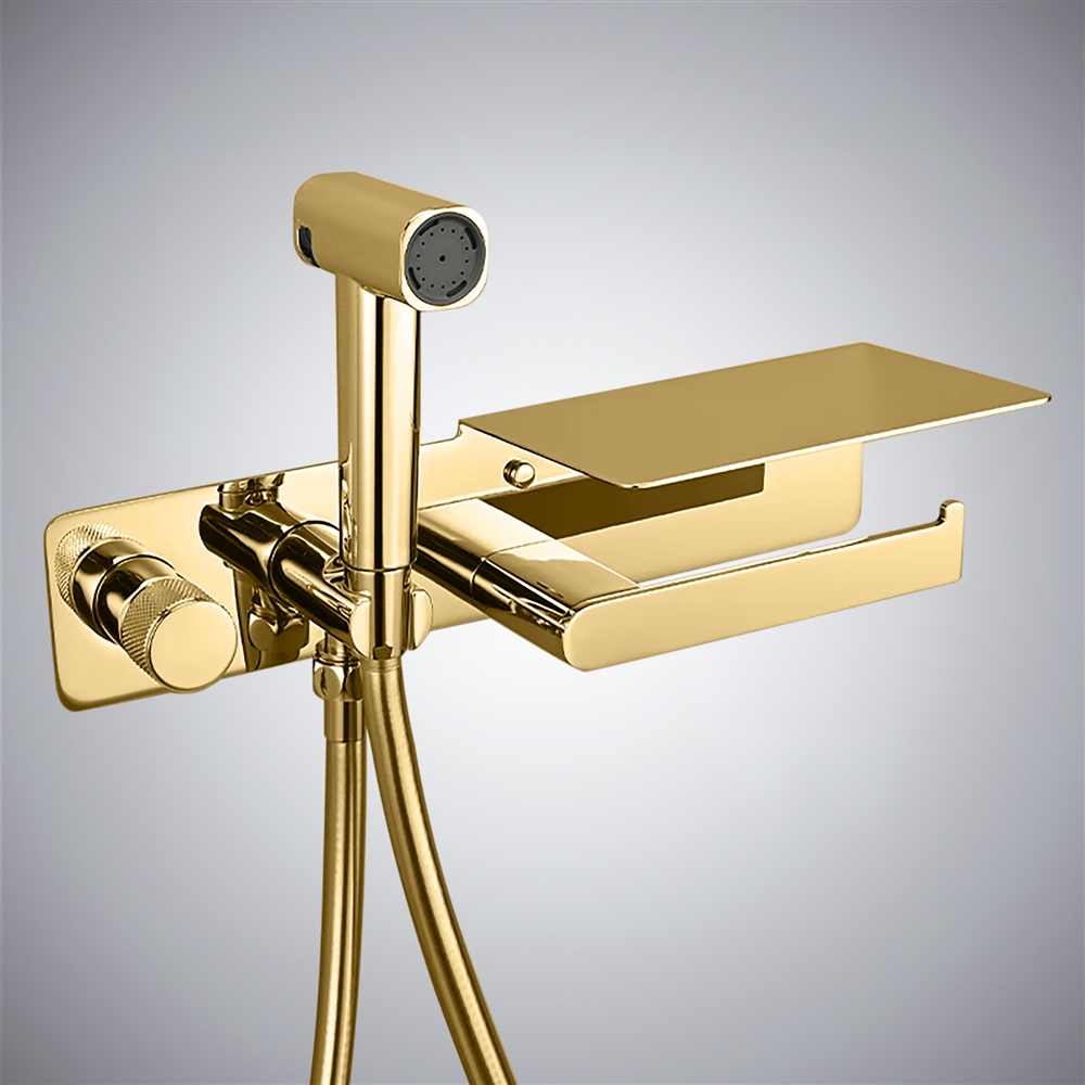 Fontana Benna Brushed Gold Bidet Sprayer Set With Paper Holder Rack