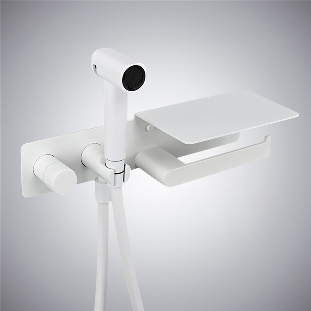 Fontana Benna Matte White Hot And Cold Sprayer Bidet Set With Paper Holder Rack