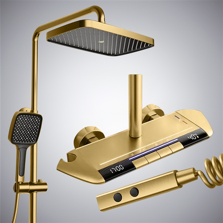 Fontana Irun Brushed Gold Thermostatic LED Multifunctional Shower Set