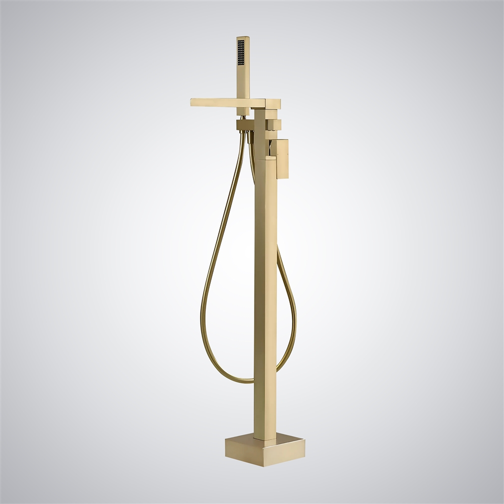 Fontana Dogliani Brushed Gold Waterfall Bathtub Faucet Freestanding With Handheld Spray