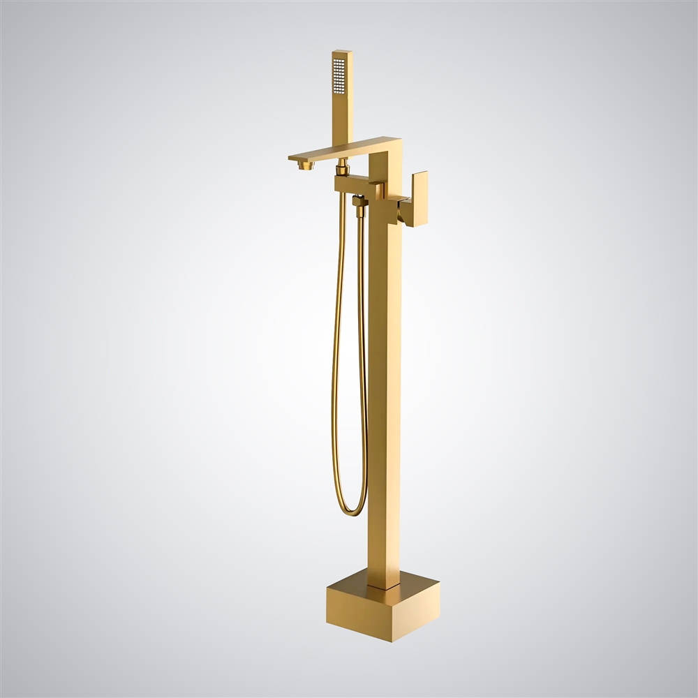 Fontana Leini Gold Waterfall Floor Mounted Bathtub Faucet And Handheld Spray