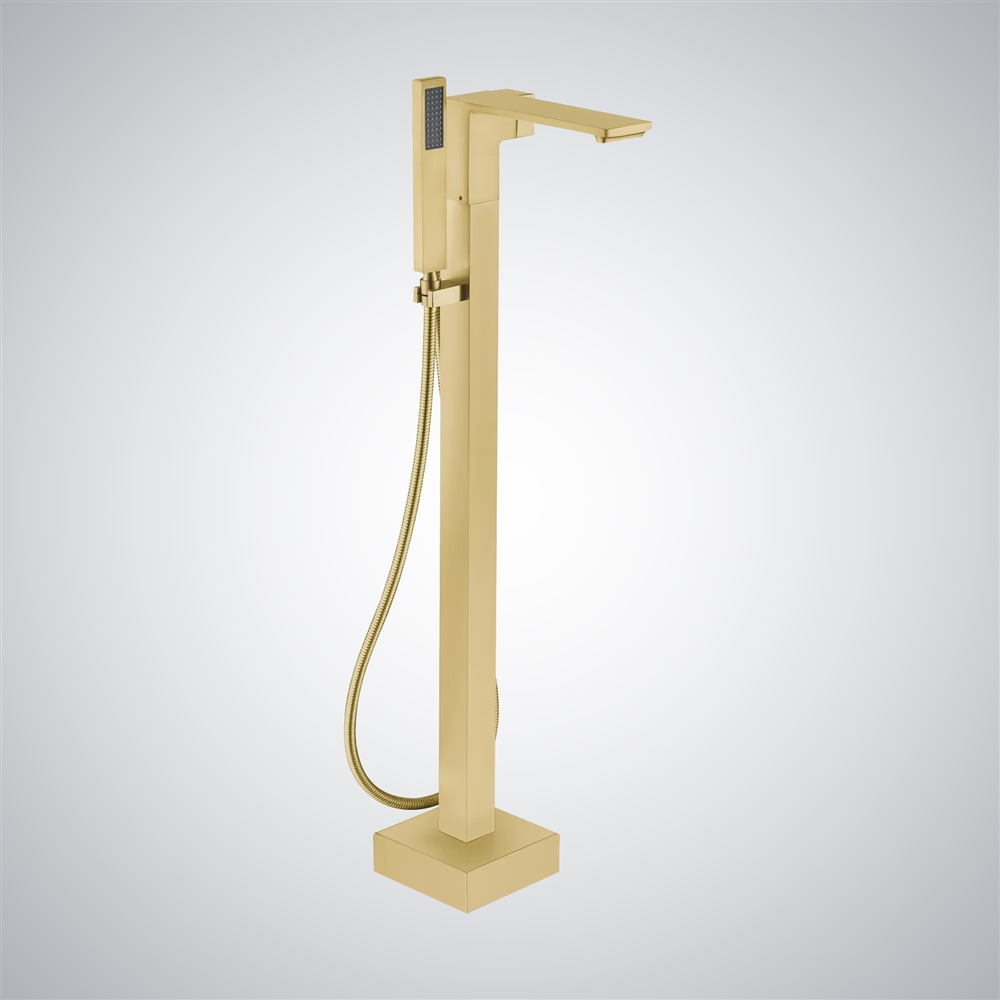 Fontana Jerzu Brushed Gold Floor Mounted Bathtub Faucet With Handheld Spray