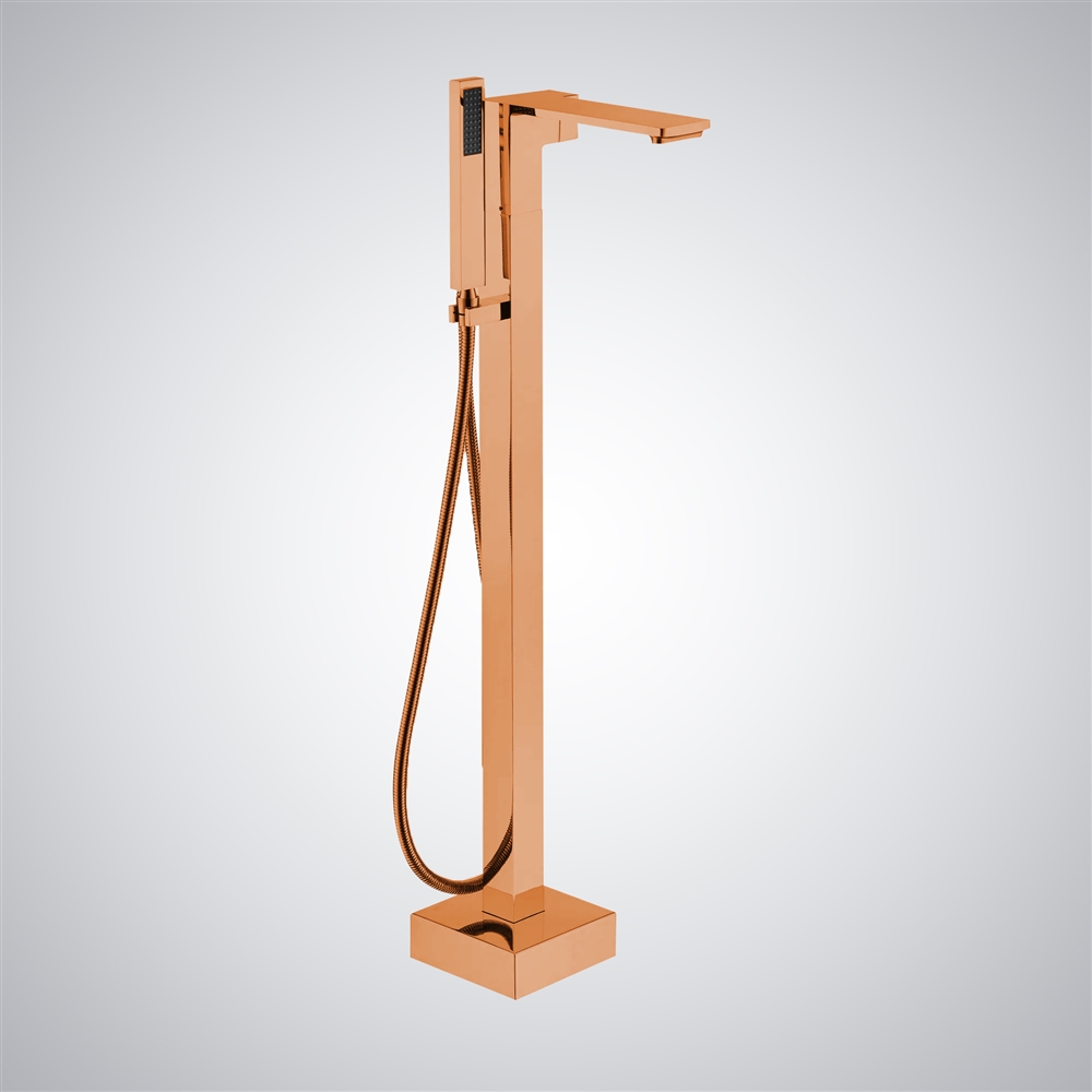 Fontana Jerzu Rose Gold Freestanding Waterfall Bathtub Faucet With Handheld Spray