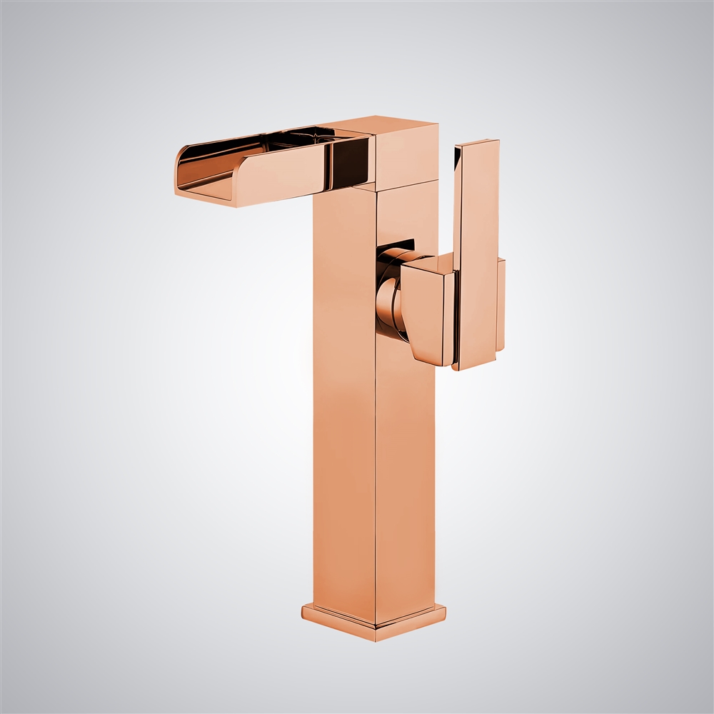 Fontana Volano Rose Gold Single Handle Deck Mounted Waterfall Basin Faucet