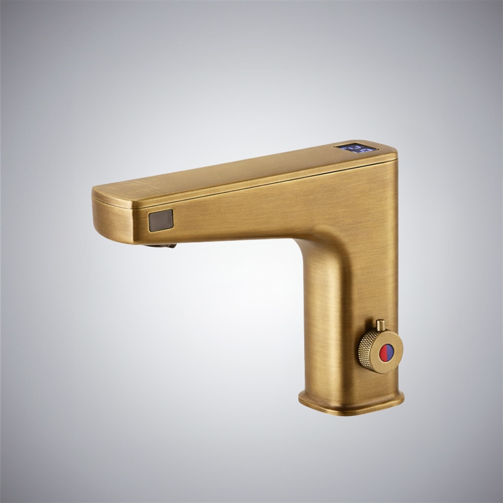 Antique brass touchless faucet with soap dispenser
